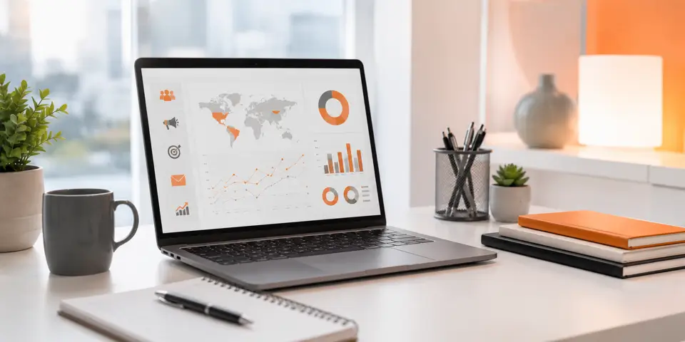 Modern laptop displaying digital marketing analytics dashboard in a professional corporate workspace