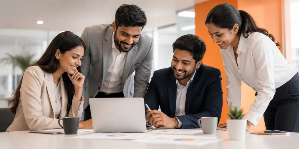 Corporate team collaborating on AI adoption strategies to unlock innovation and sustainable business growth