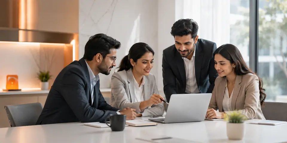 Corporate team collaborating with AI-powered business solutions for service delivery