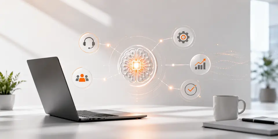 Laptop displaying AI-powered corporate service delivery and business automation concepts