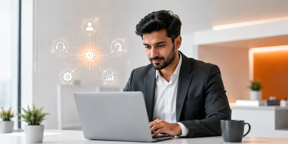 Business professional using AI technology to optimize corporate service delivery