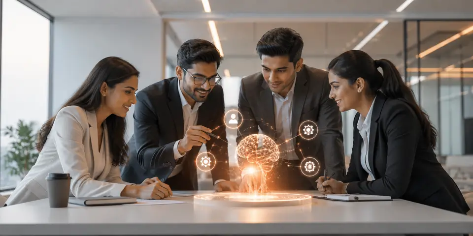 Corporate team collaborating with AI technology to develop innovative business growth strategies