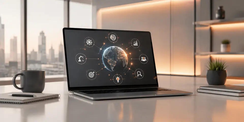 Laptop displaying AI technology network and business innovation dashboard in a modern corporate workspace