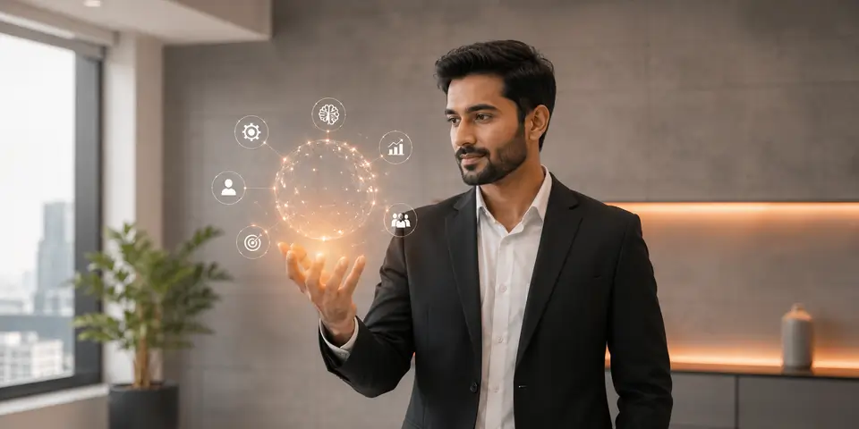 Corporate professional using artificial intelligence technology to drive innovation and business growth