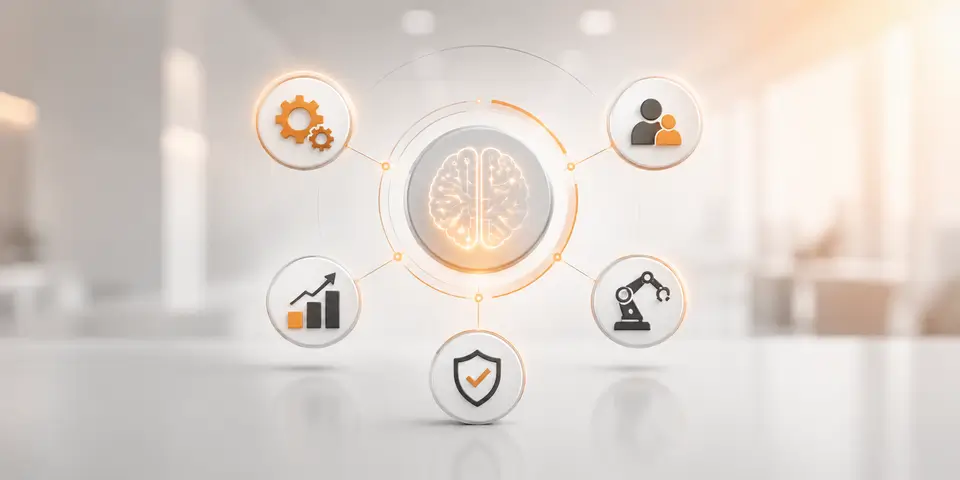 AI brain connected with automation, analytics, security, workforce, and robotic process concepts