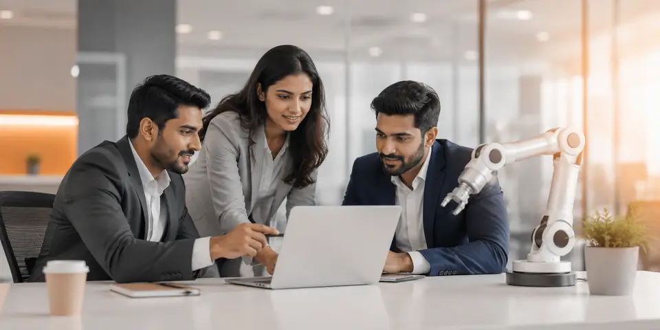 Corporate team collaborating with AI and robotic automation technology to improve service operations
