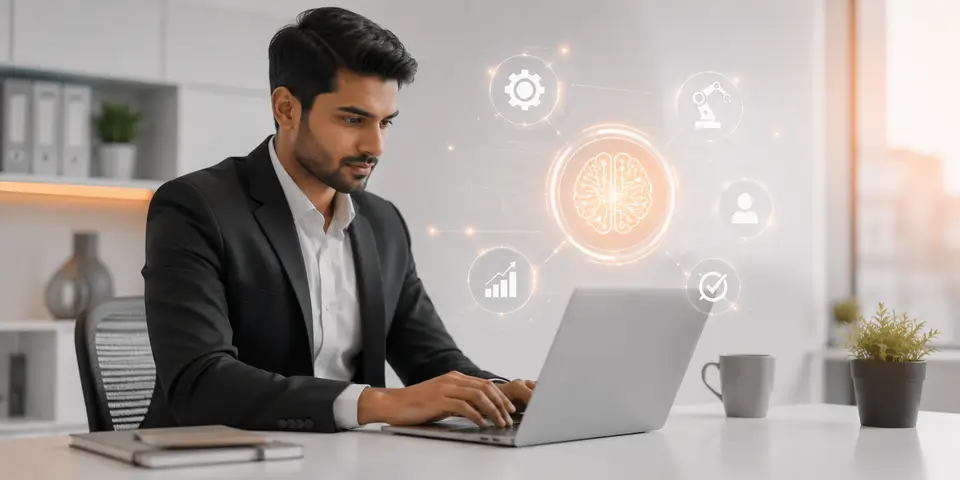 Corporate professional using AI automation technology to improve business processes and service delivery
