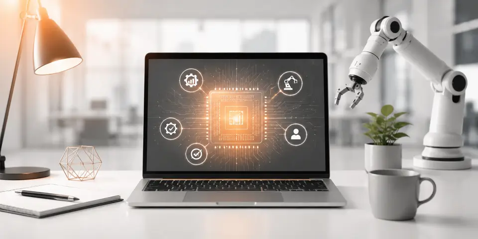 Laptop and robotic arm demonstrating AI-powered automation in a modern corporate services workspace