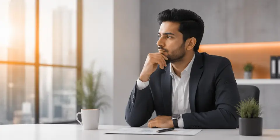 Corporate business leader considering AI adoption opportunities for innovation, productivity, and future growth