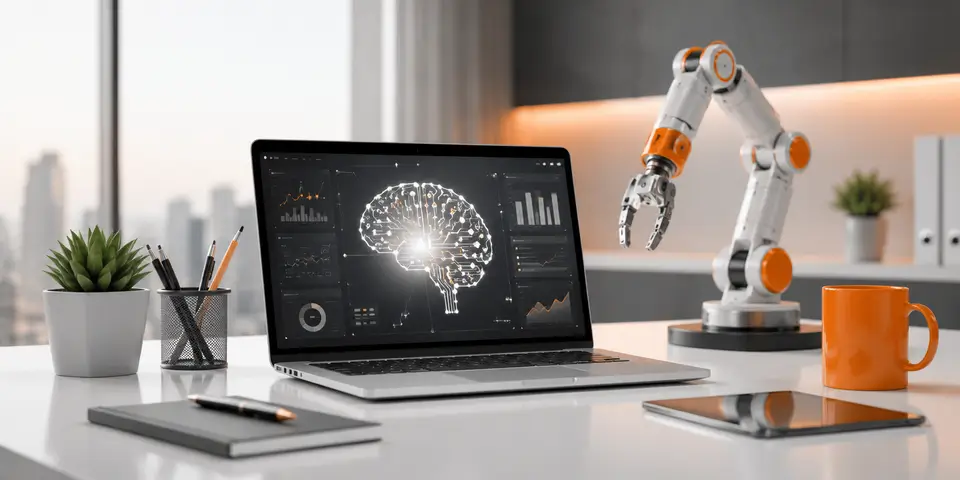 Modern corporate workspace with AI analytics laptop and robotic automation technology supporting business growth