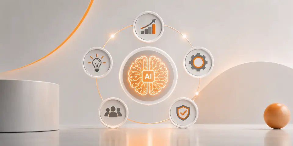 AI brain connected to business growth, innovation, automation, collaboration, and security concepts