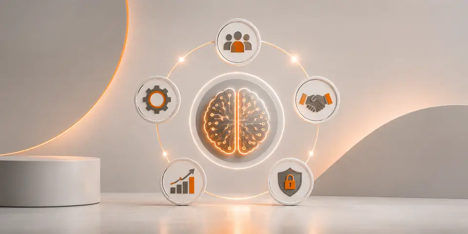 AI brain connected with teamwork, automation, growth, collaboration, and security concepts