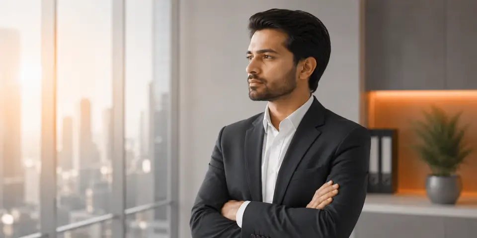 Corporate business leader considering AI adoption strategy for innovation and future business success