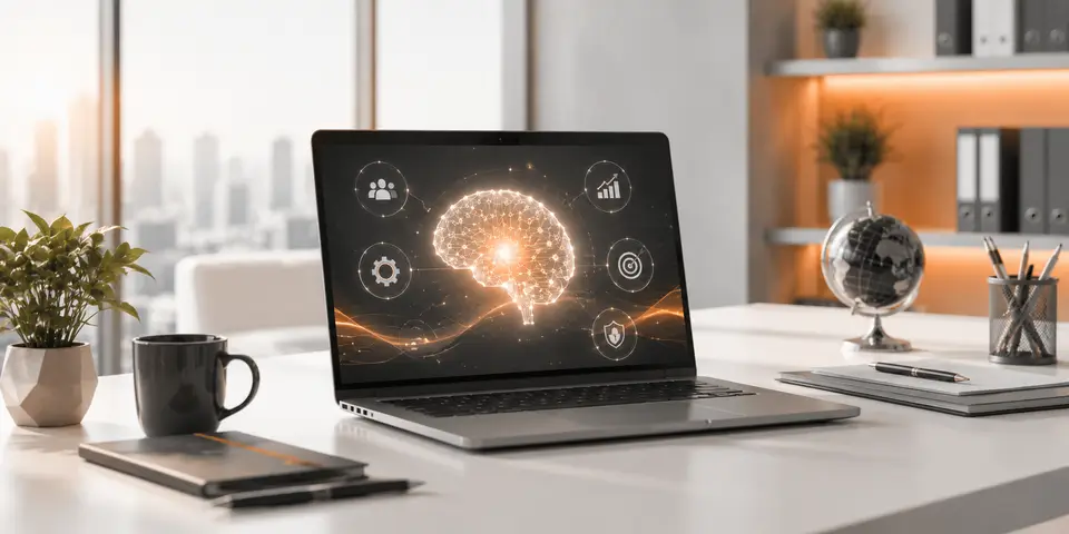 Modern corporate workspace with AI technology supporting analytics, automation, collaboration, and business growth