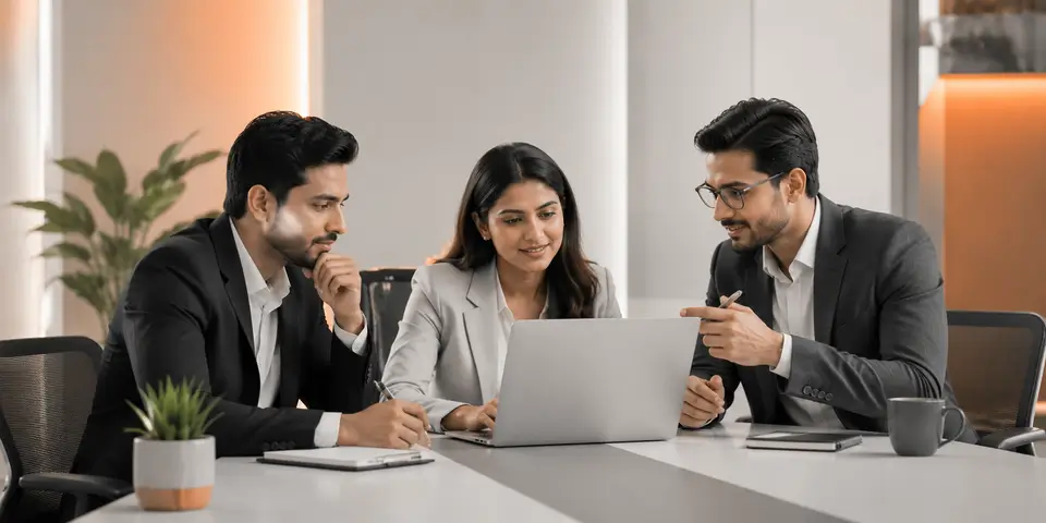 Corporate team collaborating with digital tools to combine human expertise and AI-driven business insights