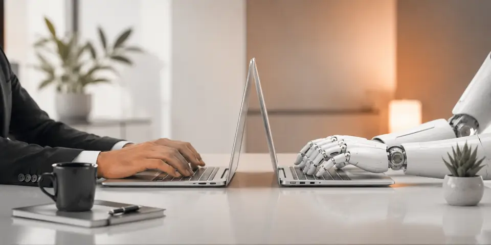 Human professional and AI technology working on laptops in a modern corporate workspace