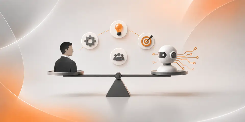 AI and human expertise balanced with innovation, automation, teamwork, and business strategy concepts