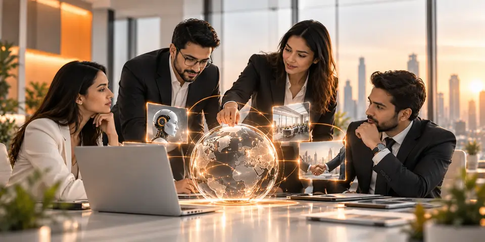 Corporate team collaborating with artificial intelligence technology for future business transformation