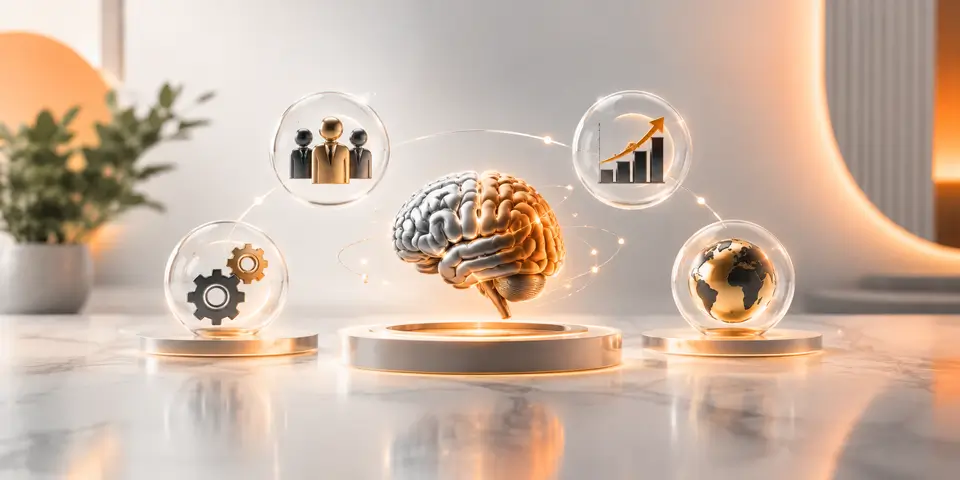 Artificial intelligence brain with automation, business growth, teamwork, and global connectivity concepts