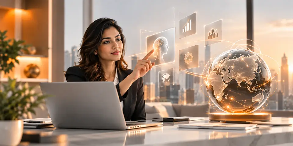 Corporate professional using artificial intelligence technology for global business innovation and growth