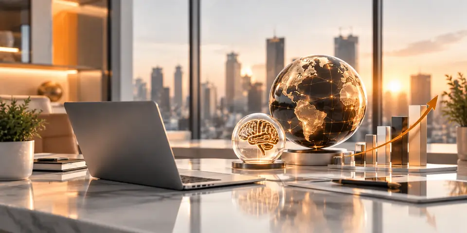 Modern corporate workspace with AI technology, global connectivity, and business growth concepts