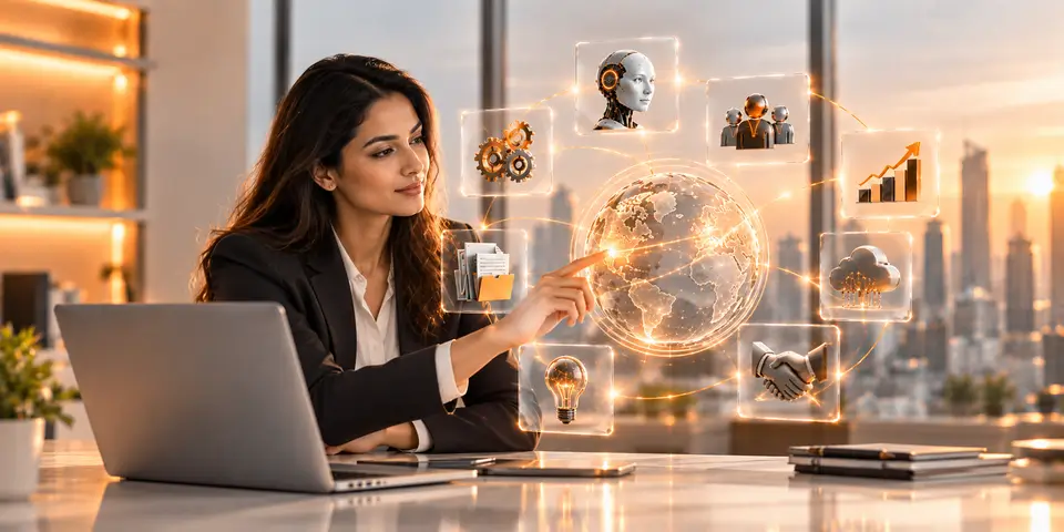 Corporate professional using AI solutions for automation, analytics, collaboration, and global business operations