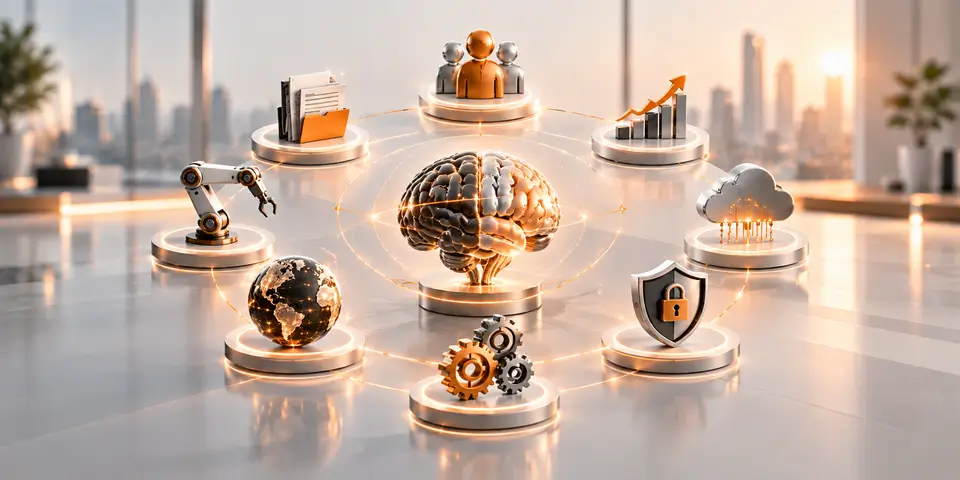 AI solutions connecting automation, analytics, cloud computing, security, teamwork, and global corporate services