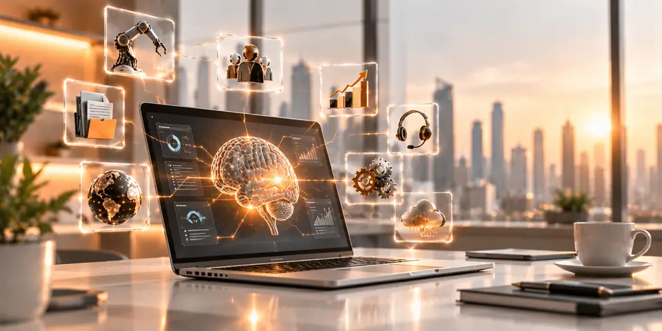 AI-powered corporate technology supporting automation, analytics, cloud services, customer support, and business growth