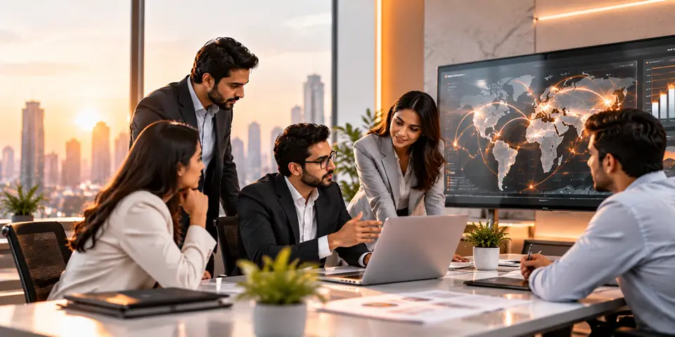 Corporate team collaborating on IT strategies, global connectivity, data analytics, and digital business transformation
