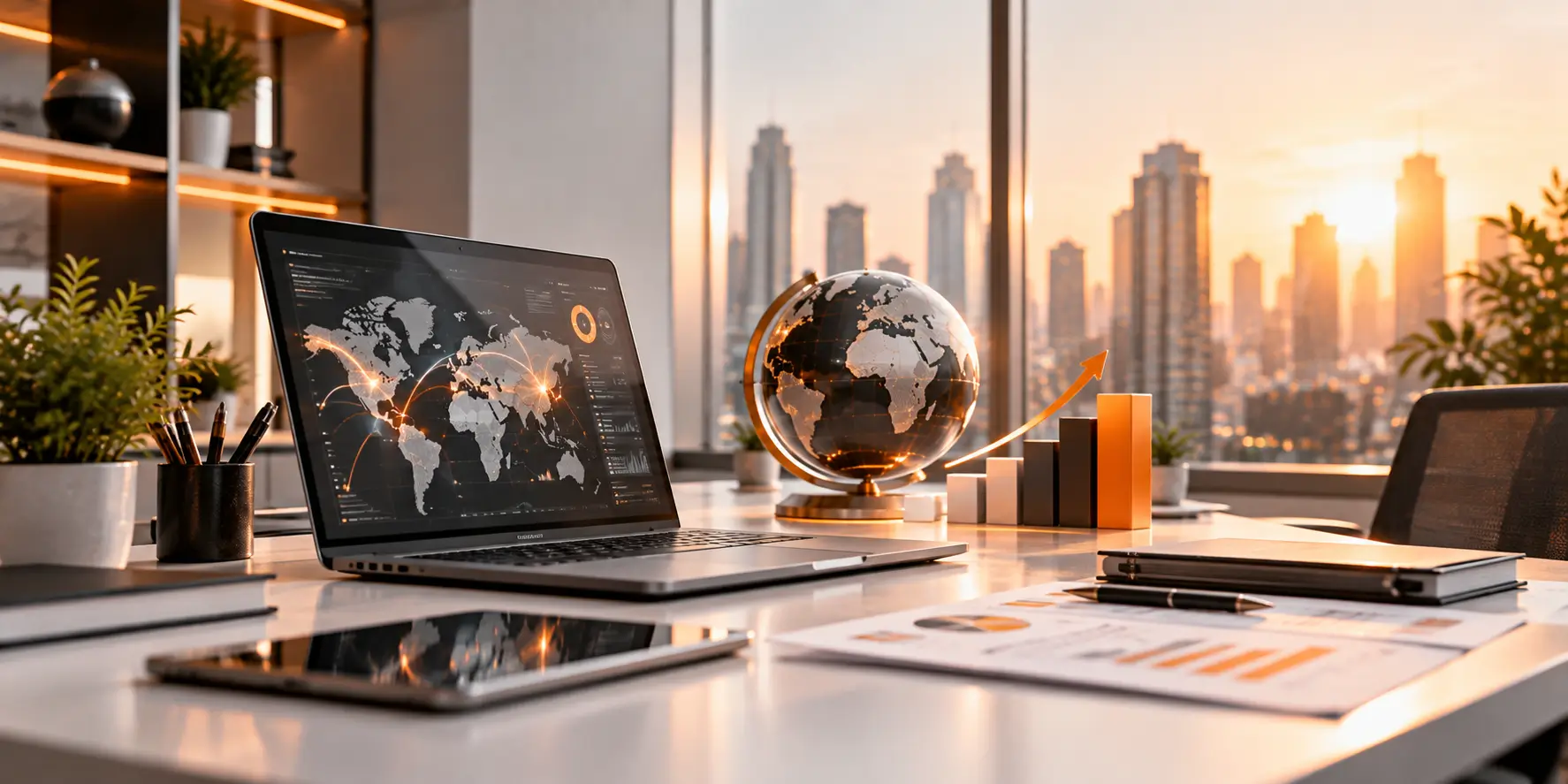 Corporate IT strategy with global connectivity, business analytics, digital technology, and enterprise growth