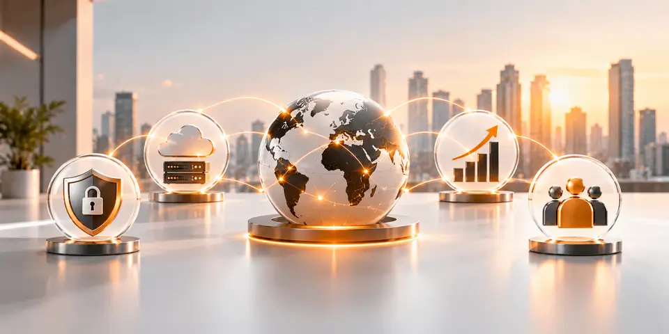 Corporate IT transformation with cybersecurity, cloud infrastructure, global connectivity, business growth, and collaboration