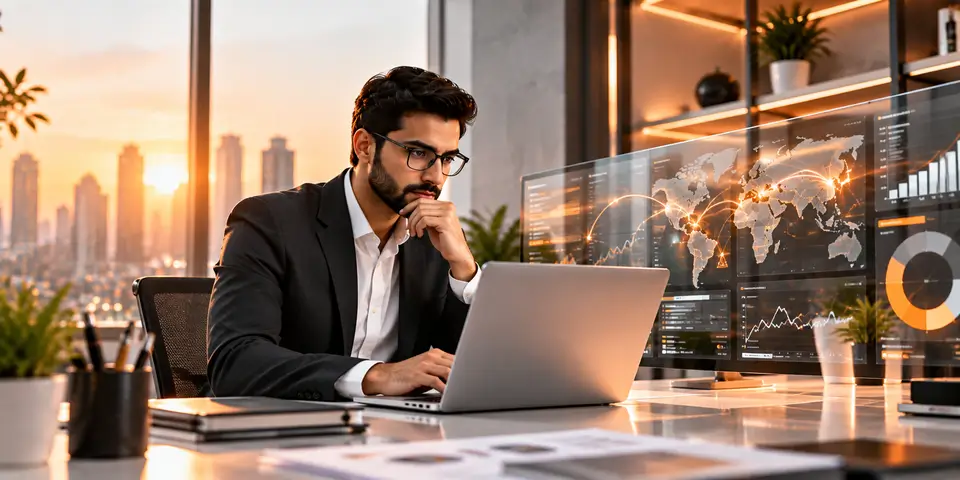 Corporate professional using IT technology and data analytics to support digital transformation and business success