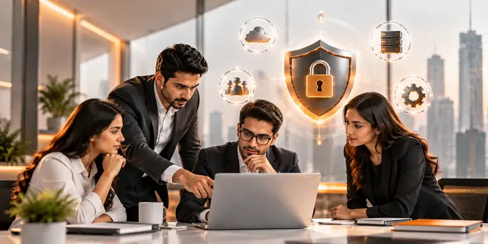 Corporate IT team collaborating on cybersecurity, data protection, and secure digital infrastructure for growing SMEs.