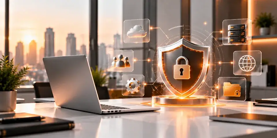 Modern corporate IT security workspace with laptop, digital cybersecurity shield, cloud protection, and secure networks.