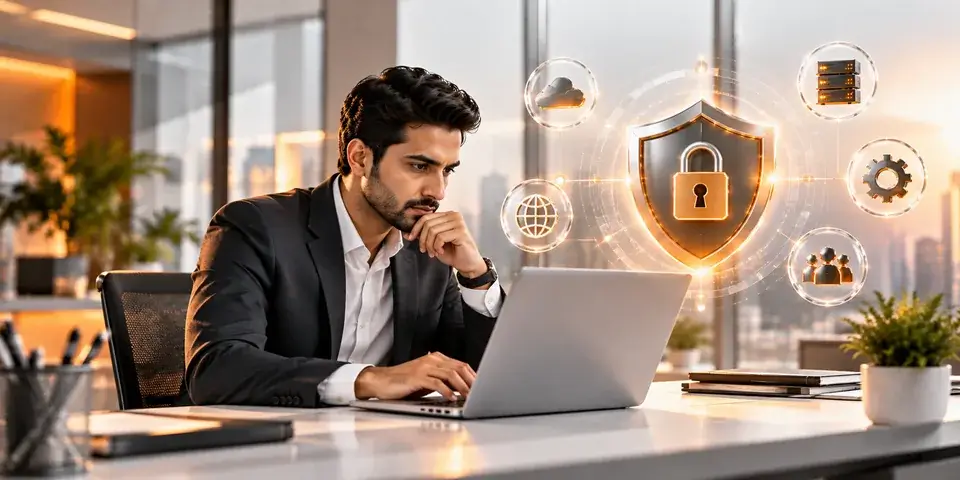 Corporate professional managing IT security and cybersecurity systems to protect SME business data and digital operations.