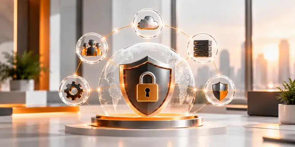Corporate cybersecurity shield connected to cloud services, servers, business teams, and secure IT infrastructure.